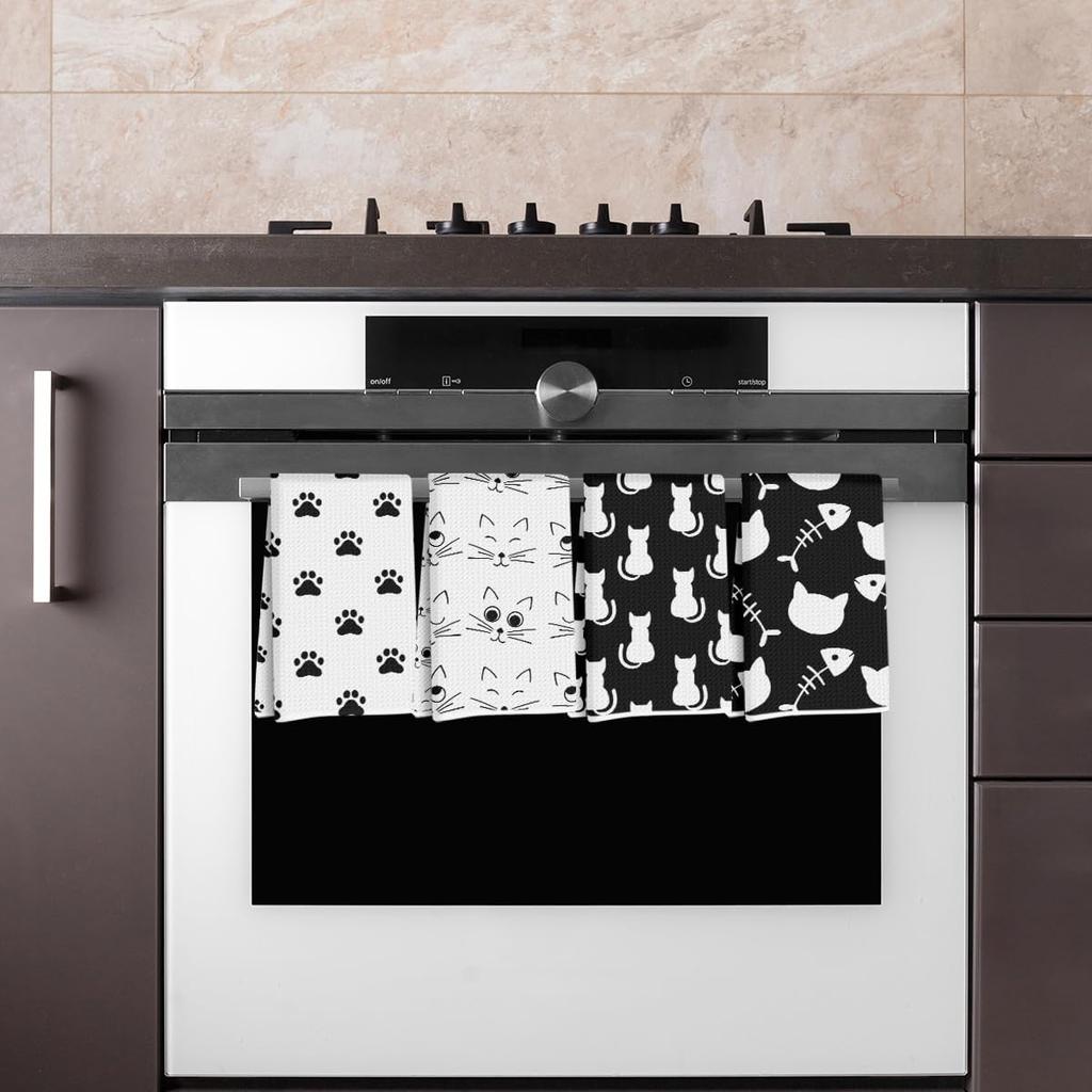 4 Pcs Cute Cat Kitchen Towels, Cat Paw Decorative Absorbent Microfiber Dish Cloth Tea Towel, Cats Waffle Soft Hand Towels for Farmhouse Home Bathroom