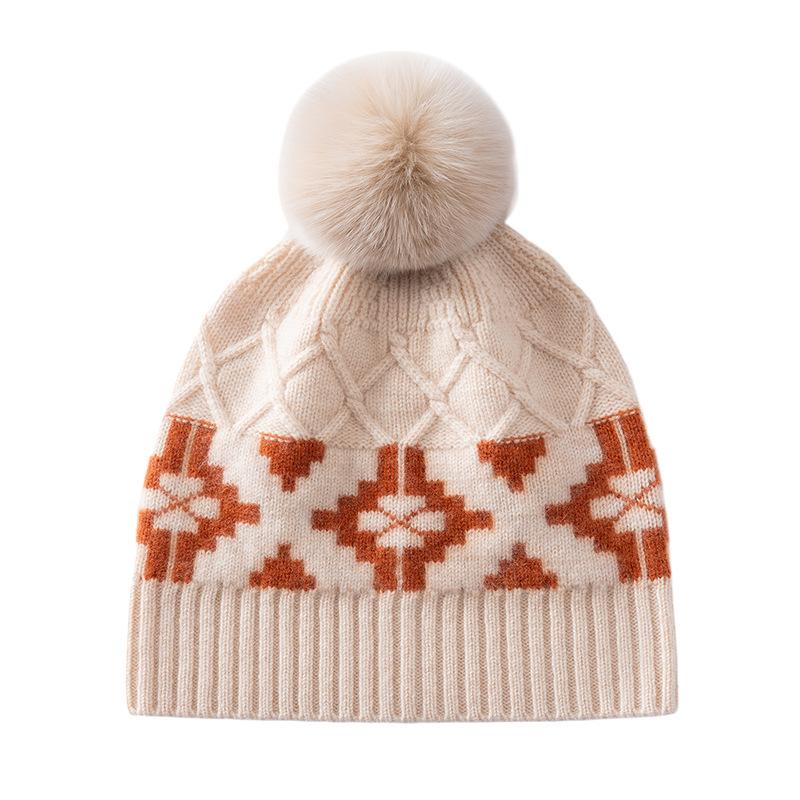 Gentle wind geometric printing rhombus pure cashmere women's soft waxy skin-friendly comfortable simple knitted versatile hat