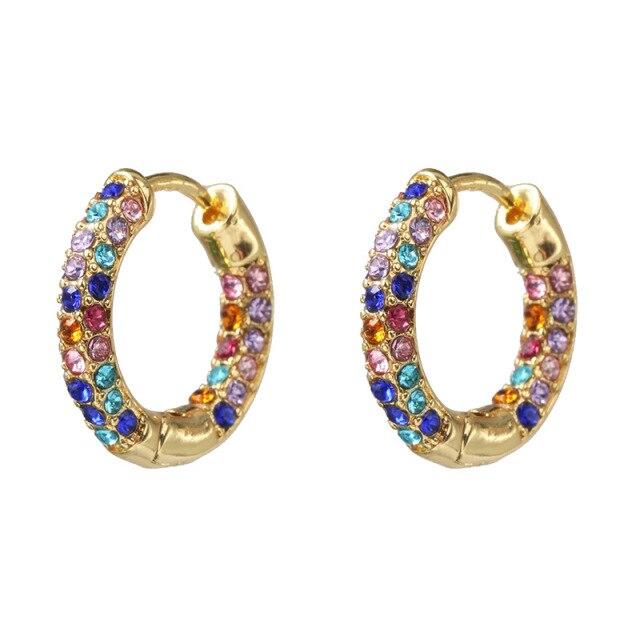 Women Cubic Zircon Rainbow Earrings Cubic Zirconia Ear Cuff Set Female Stylish Fashionable Gold Tone Huggie Clip On Earrings Earcuff Crystal Stone