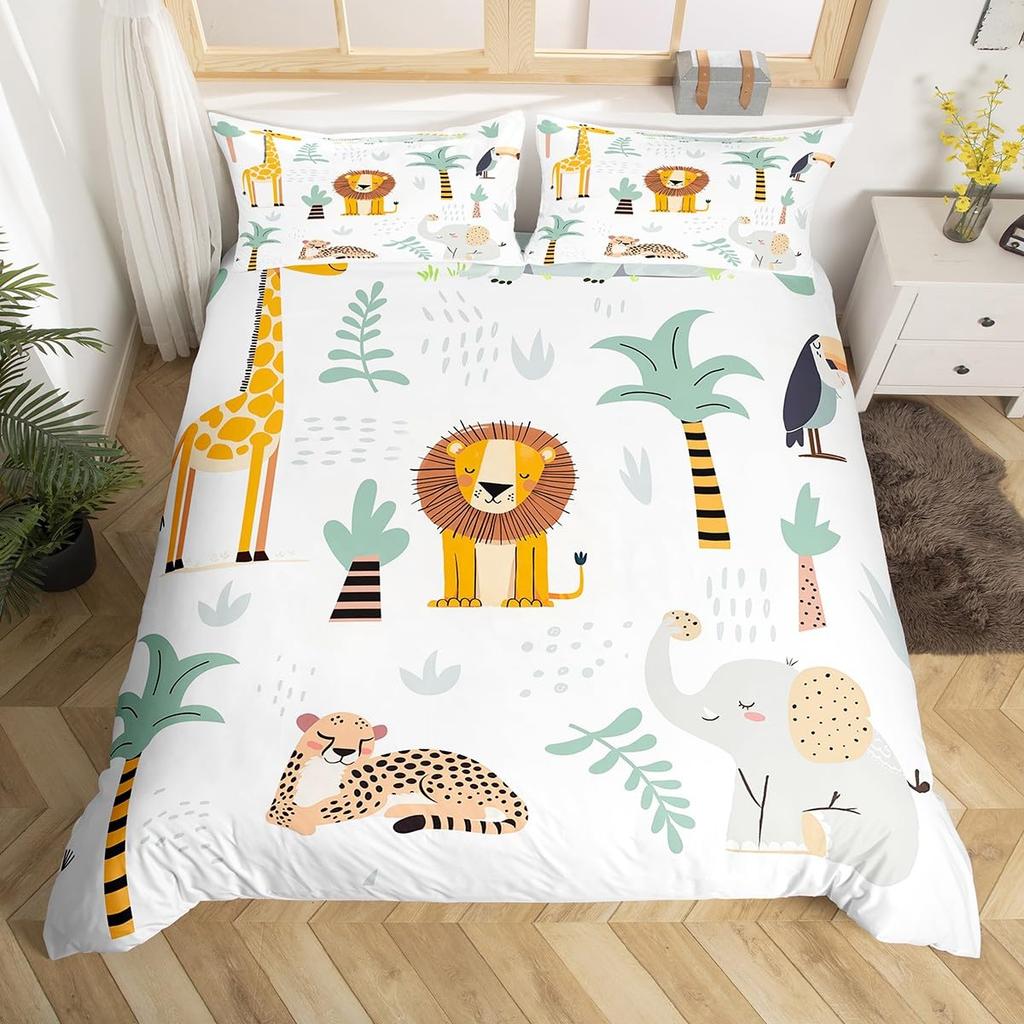 Kid Zoo Tier Bettbezug Niedliche Wildtiere Giraffe Bettwäsche Set Cartoon Löwe Nilpferd Schildkröte Yak Bettdeckenbezug Polyester Steppdeckenbezug
