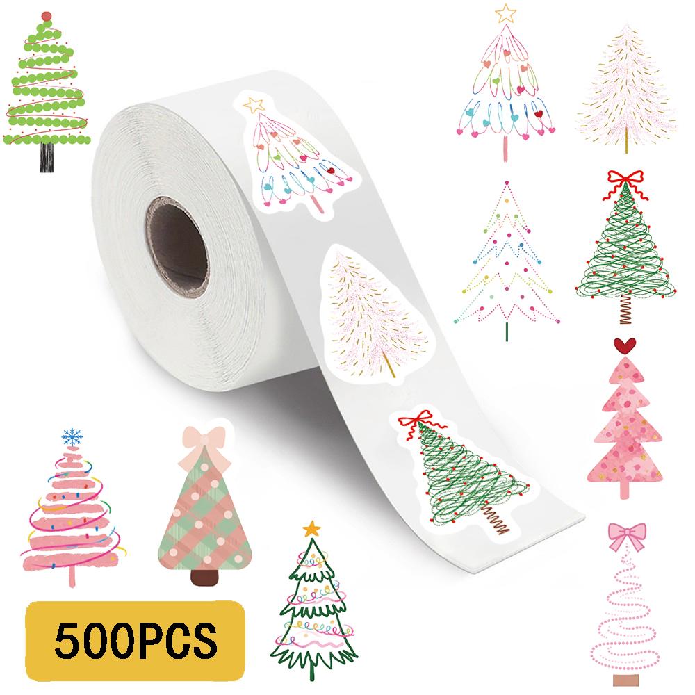 500PCS Christmas Tree Sticker Roll Cartoon Waterproof Stickers for Laptop Phone Bicycle Skateboard Coffee DIY Decoration