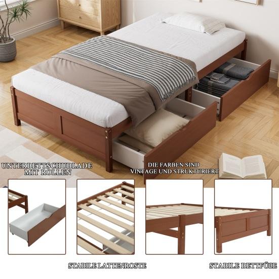 Children Bed, Flat Bed, Wooden Bed, Vintage Wood Color, Two Drawers with Castors, Adolescents And Adults, Pine Frame, Sturdy Slatted Frame, 90x200cm
