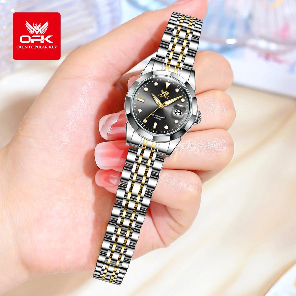 OPK Brand Women's Watch Steel Strip Fashion Double Calendar Luminous Quartz Watch Waterproof 8170