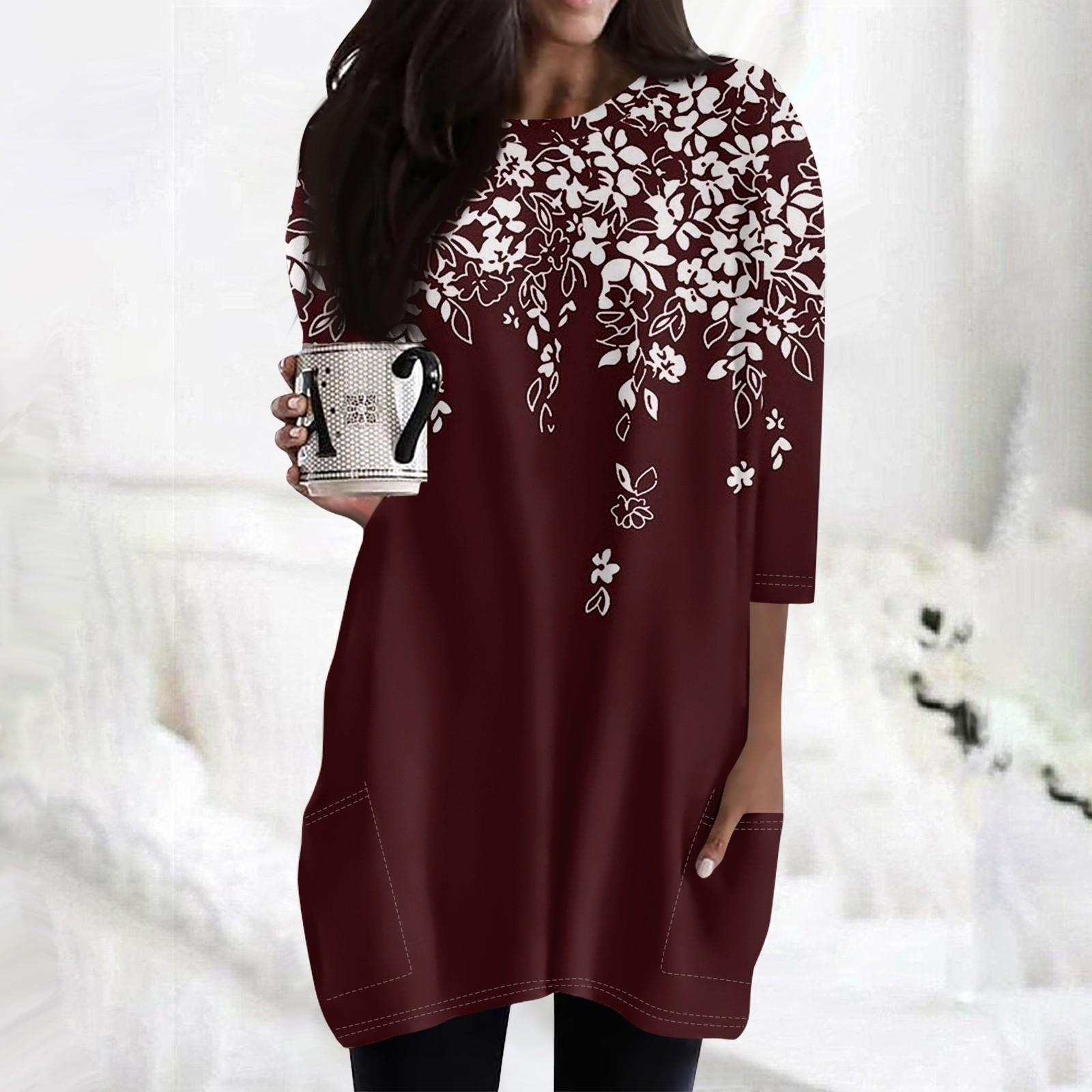 

Жіночі повсякденні сорочки з рукавом 3/4, модні туніки з принтом і кишенями XL винний