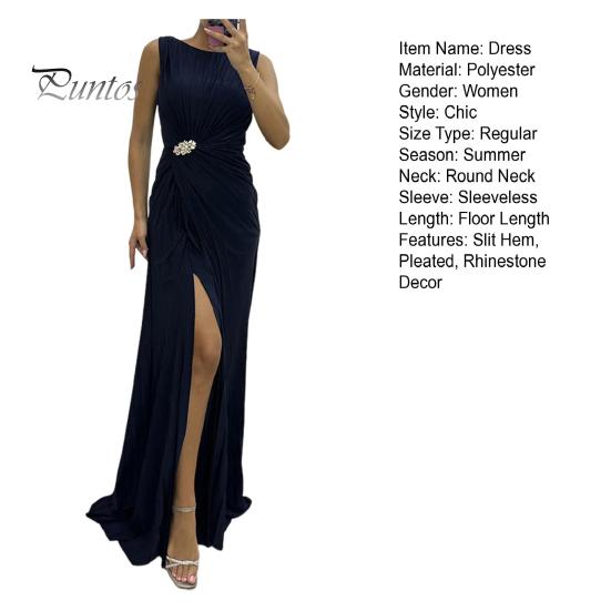 Lady Slit Hem Dress Evening Pleated Floor Length Solid Color Rhinestone Decor Sleeveless Round Neck High Waist Prom Cocktail Party Maxi Women Gown