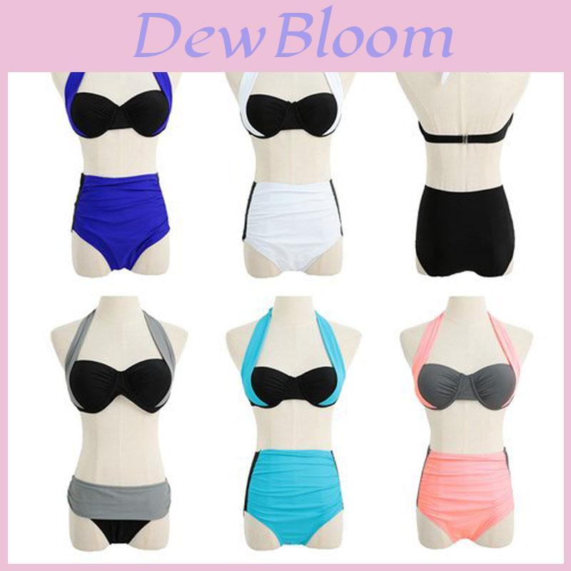 Women Bikini Set Contrast Block Halter Top High Waist Bottom Beach Swimwear