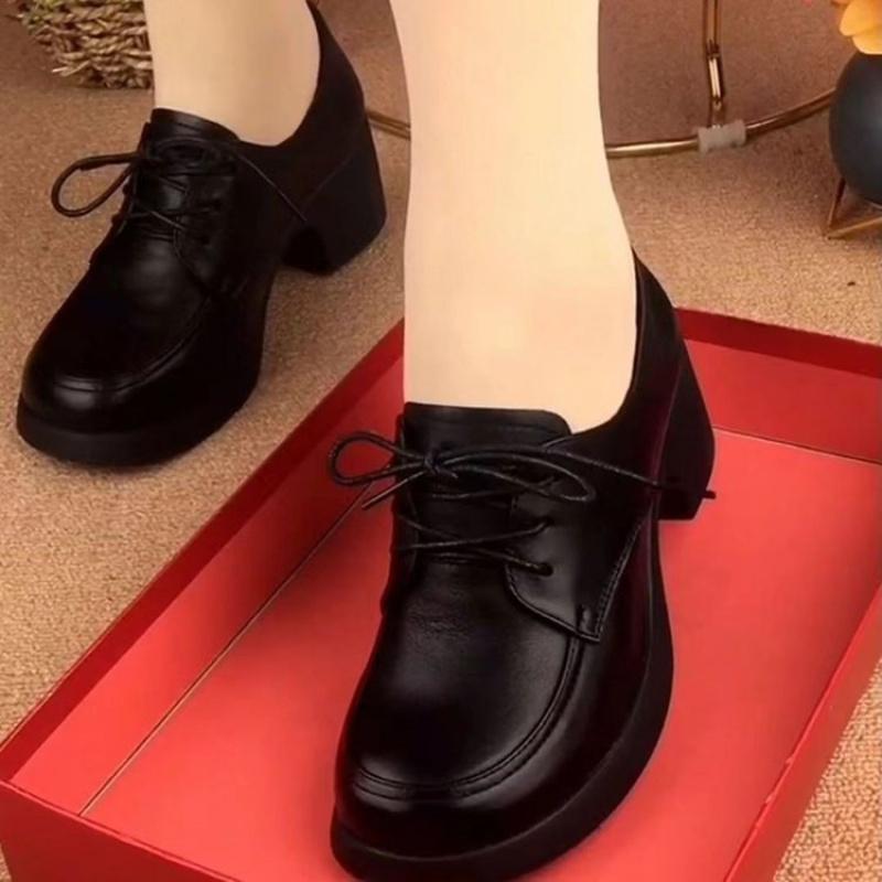 2025 Autumn New Style Mom Shoes Round Toe Lace-Up Mid-Heel Rubber Low-Top Fashion Single Shoes Women's Square Heel Loafers