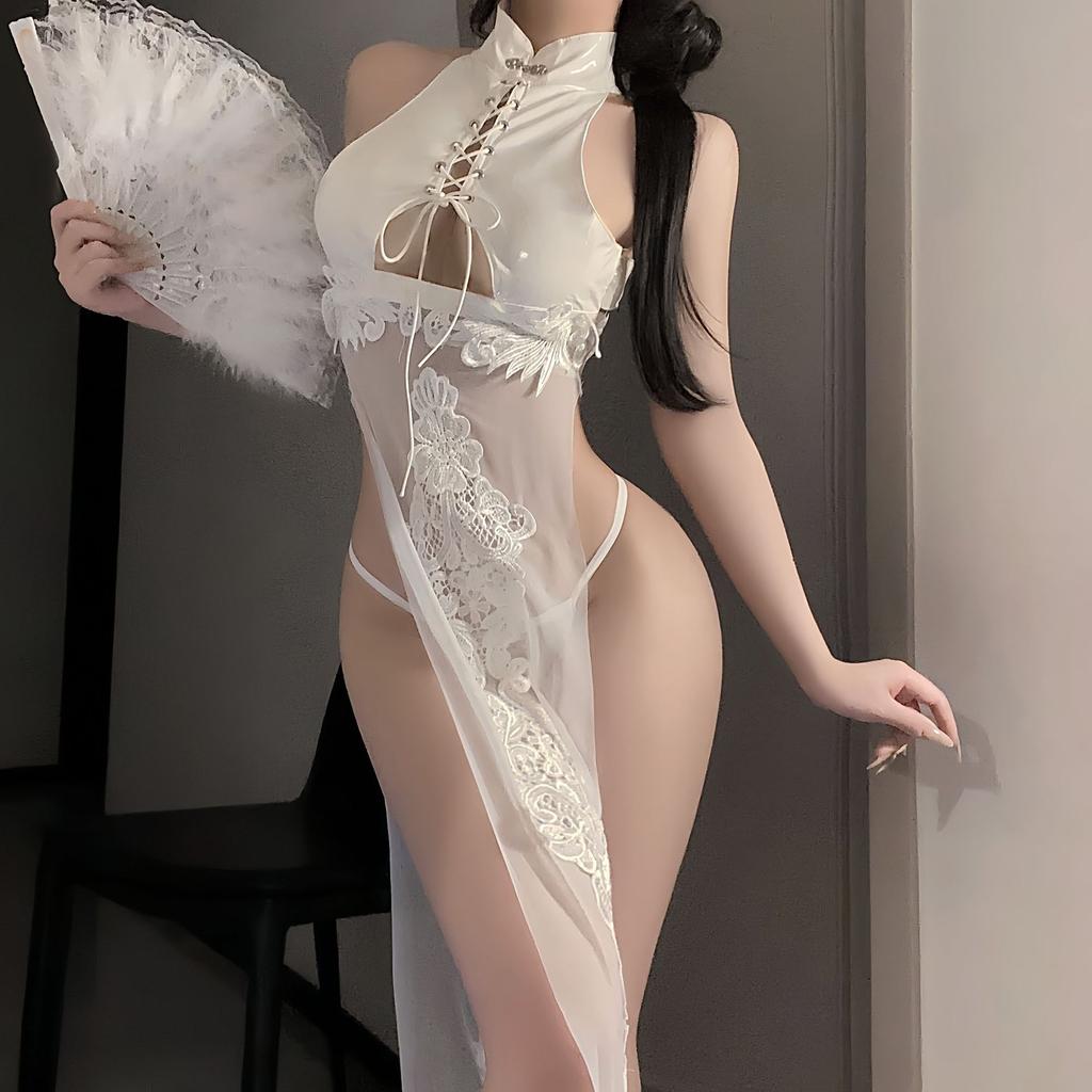 Patent Leather Perspective Backless Sexy Underwear Sexy Antique Straps Imperial Sister Cheongsam Cosplay Uniform Woman