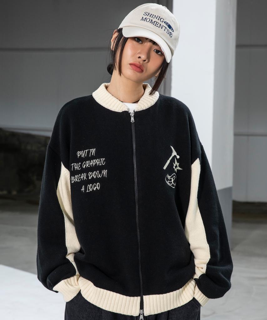 Xtonz Xtk059 Broken Varsity Knit Zip-Up (Black)