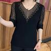 Women Summer Half Sleeve V-Neck Mesh Patchwork T-shirt Elegant Bottoming Shirt