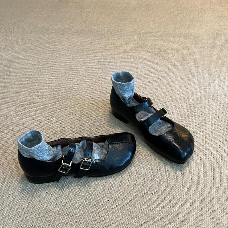 

Модные туфли таби на ремешке с двойной пряжкой, женские однотонные кожаные Мэри Джейн на низком каблуке, женские лоферы-троттеры, обувь для ходьбы босиком 35 чёрный