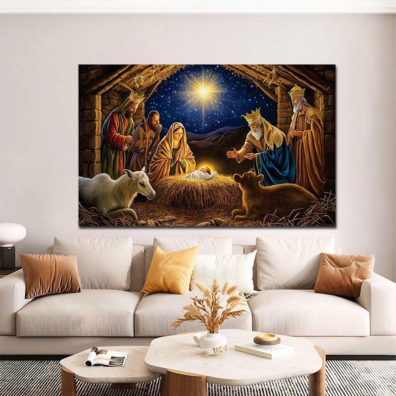 Retro Religious Nativity Scene Tapestry, Vintage Aesthetic Wall Hanging, Living Room Bedroom Holiday Decor
