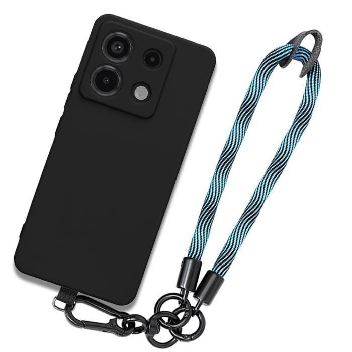 Coque de téléphone pour Xiaomi Redmi Note 13 Pro 5G - Silicone Noir - Dragonne Amovible Bleu - Souple