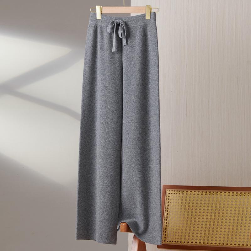 Women's 100% Wool Wide-Leg Knit Pants, Floor-Length, High-Waisted, Slimming, Casual Loose Fit for Autumn and Winter