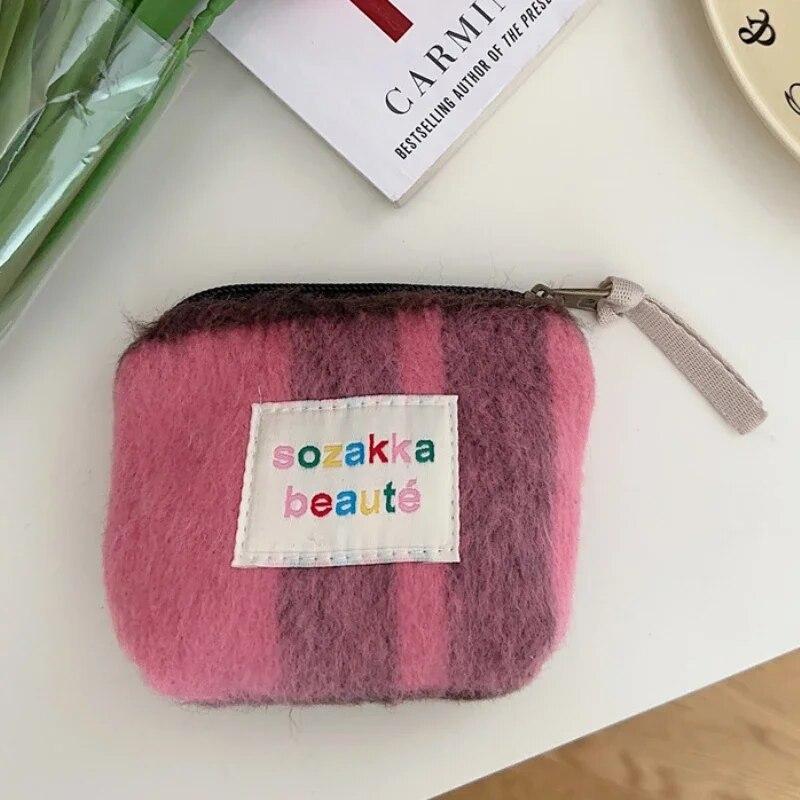 Stripes Plush Coin Purse Kawaii Cute Key Money Card Case Bags Small Coin Bags for Women Boys Girls Gift Mini Handbag