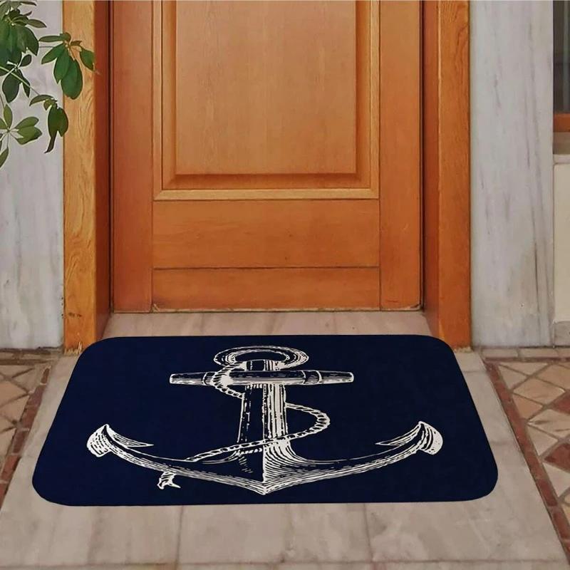 1Pc White Anchor & Navy Blue Nautical Washable Door Mat Non Slip Entrance Floor Carpet Easy To Clean Hallway Bath Kitchen Rug