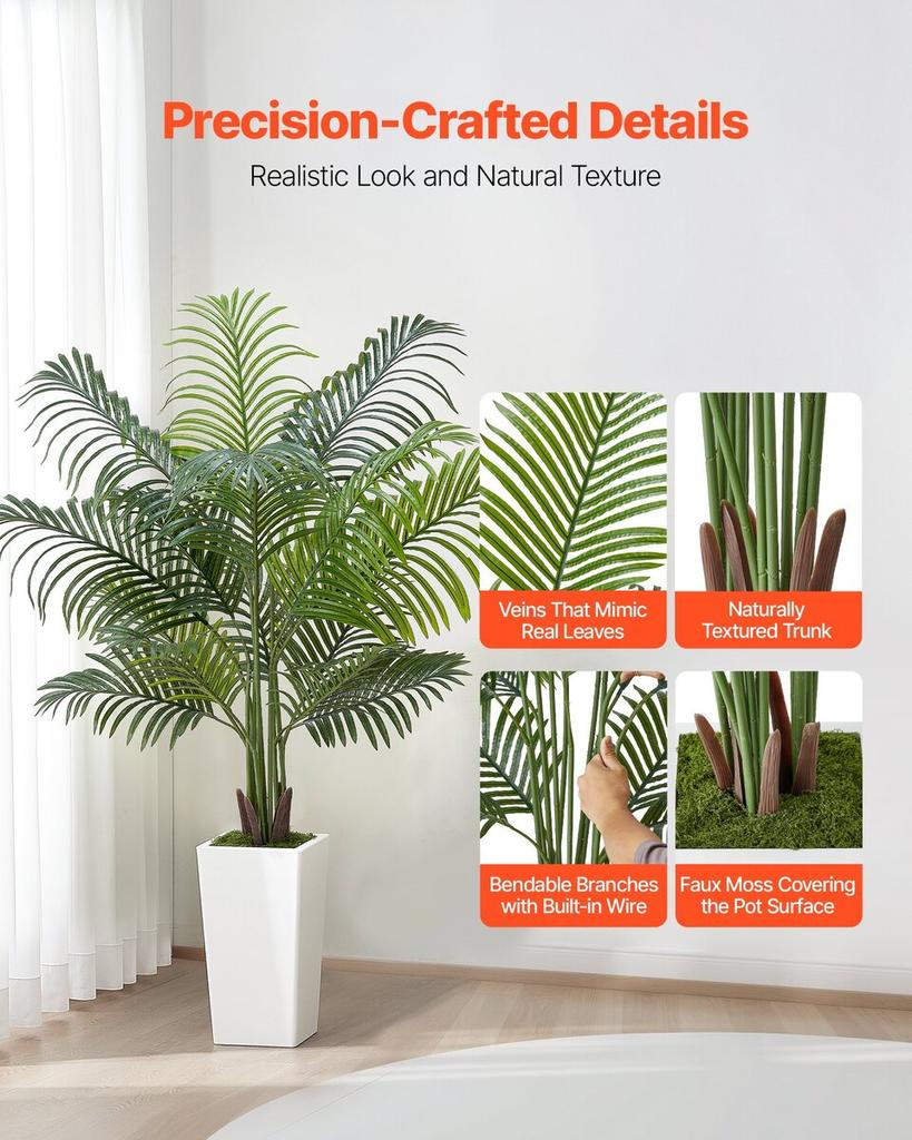 Artificial Areca Palm Tree 1524 Mm, Fake Palm Tropical Plants with White Tall Planter, Faux Floor Silk Plant In Pot, Large Trees for Home Office