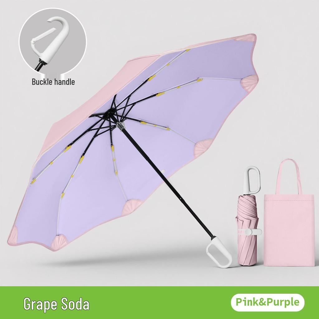 8-Rib Manual Buckle Safety Umbrella with Pink Edges, UV Protection, 3-Fold, for Female Students