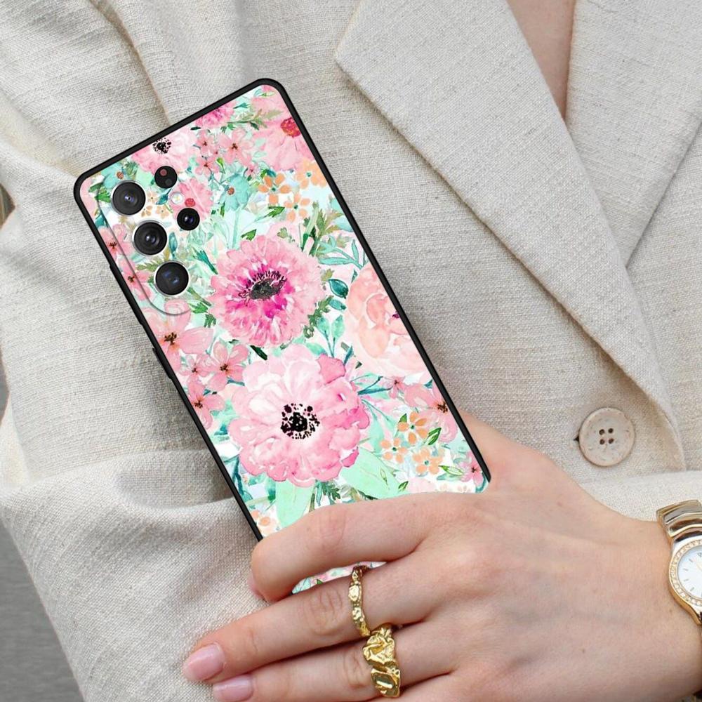 Romantic Pink Teal Watercolor Chic Floral Cell Phone Case for Samsung Galaxy S26 Ultra S25 S24 S23 S22 S21 S20 Note10 Cover