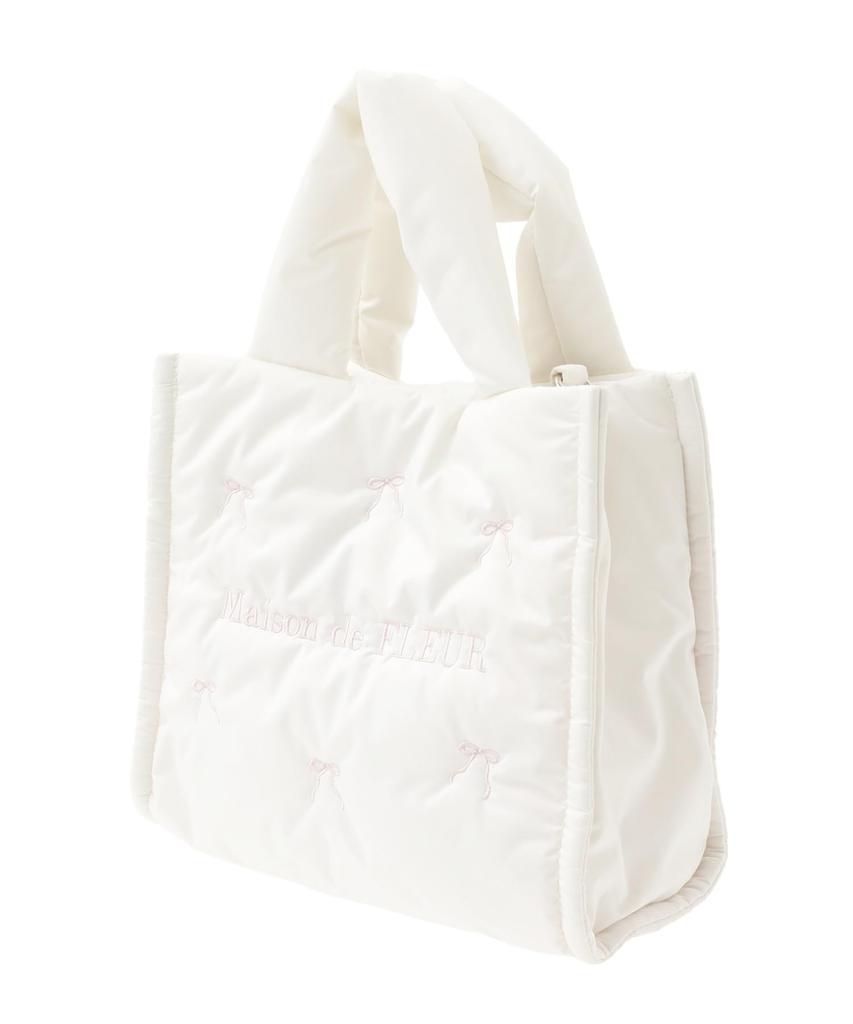 Maison de Fleur Women's Ribbon Embroidered Puffer 2-Way Tote Bag, Pink, 08000622000