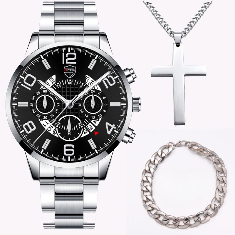 3 pezzi/set, 1 orologio da polso al quarzo con calendario da uomo alla moda e 1 braccialetto casual da uomo e 1 collana classica con croce, scelta ideale per regali per uomini