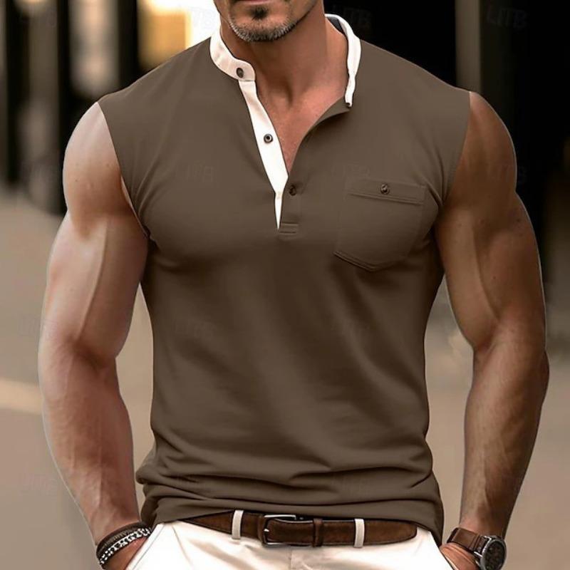 Men Contrast Collar Sleeveless Henley Polo Shirt with Chest Pocket Casual Muscle Top