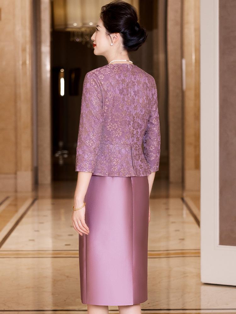 Robe Amincissante Élégante à Col en V pour Mamans - Jupe en Dentelle Violette