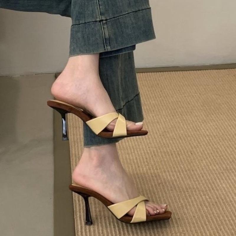 Simple Temperament Open Toe Stiletto Slip Slippers Women Xia Square Head Cross Strap Anti-slip Wear-resistant Slippers