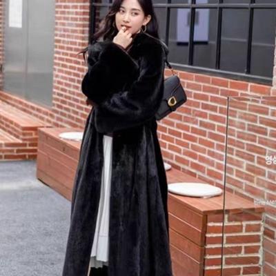 Winter New Environmentally Friendly Fur Coat Women's Long Knee Loose Hooded Belt Premium Imitation Mink Coat