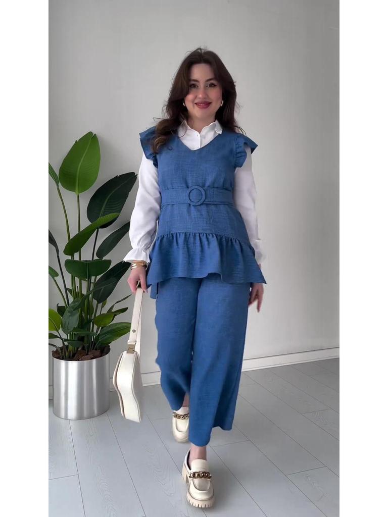 2024 Autumn Women's Solid Color Ruffle Sleeve Top & Wide Leg Pants Set