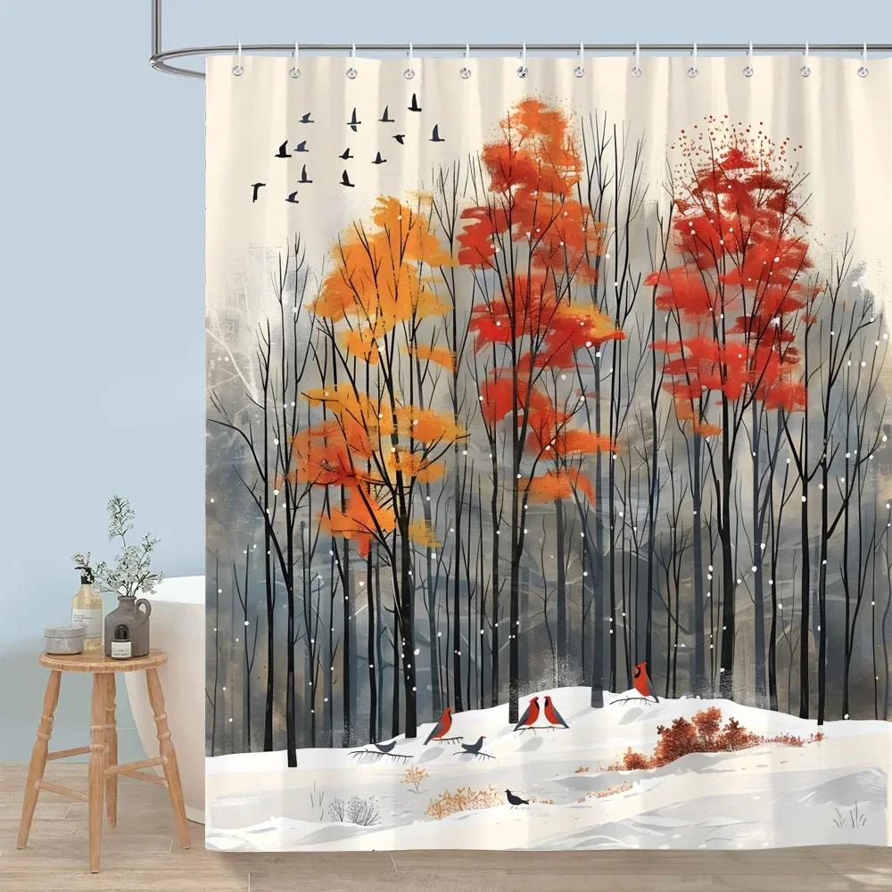 Cute Forest Animals Shower Curtain Winter Snow Fox Red Bird Deer Bear Rabbit Polyester Shower Curtains Bathroom Decor with Hooks