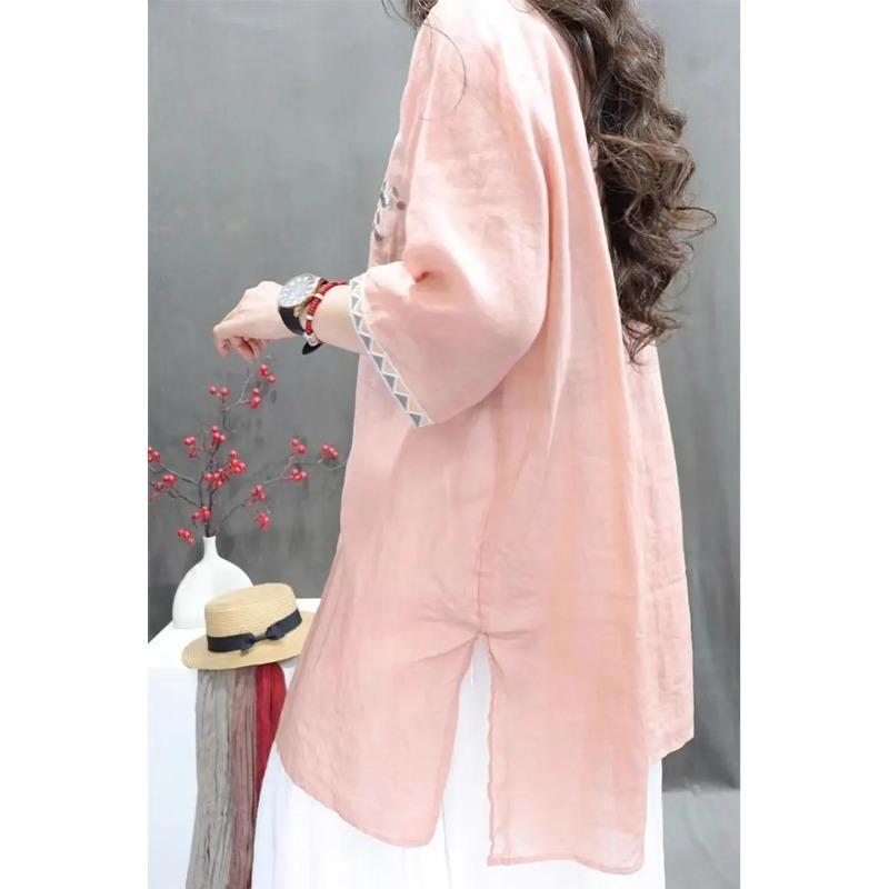 Sommer Schwerindustrie Damen Vintage Bestickt Mittellang Locker Leinen Stilvoll Lässig Pullover