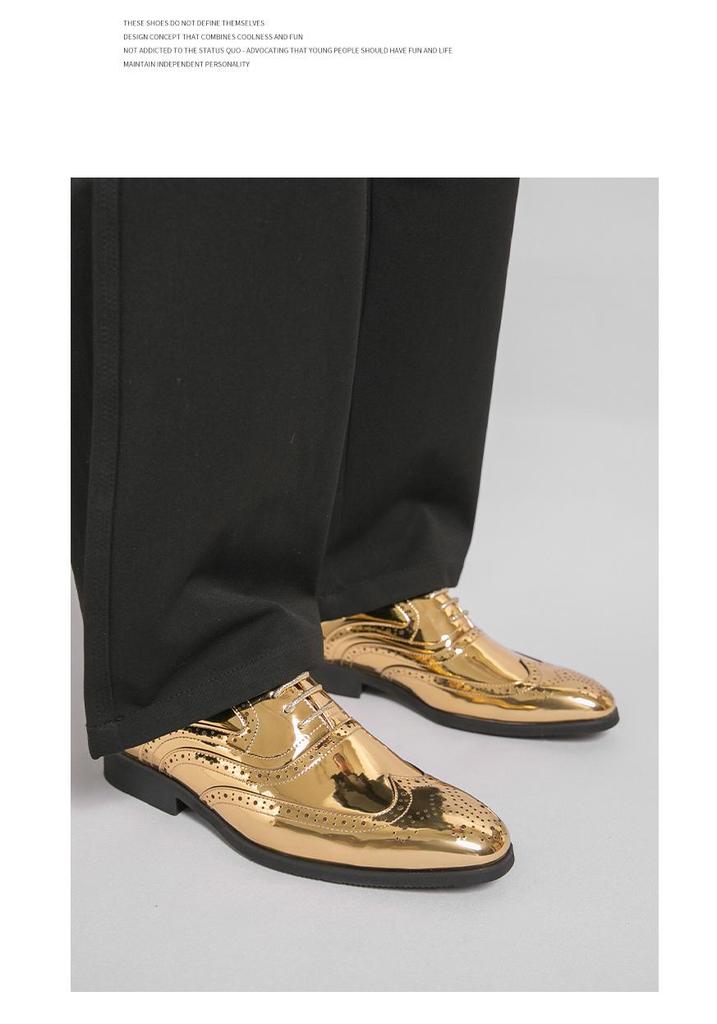 Men's Formal Gold Mirror Brogue Leather Shoes - Large Size, Lace-up Wedding Groom Attire