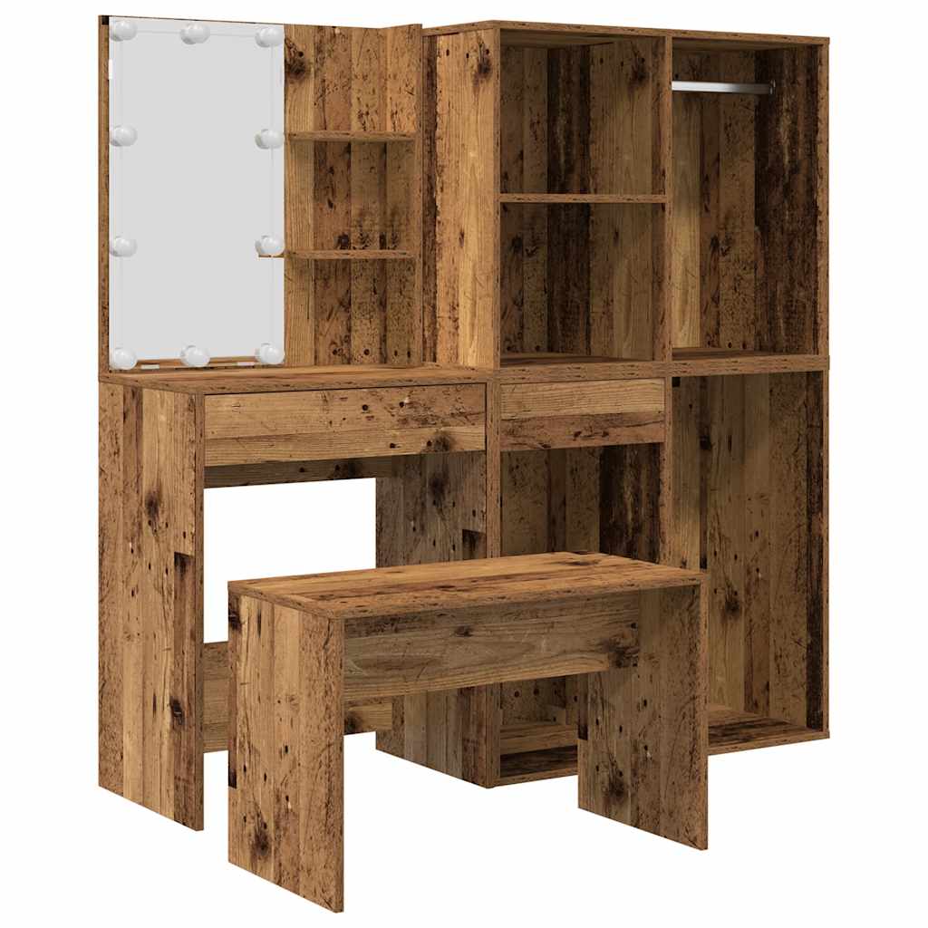 Makeup Table Set with LED Lights Rustic Wood Look Engineered Wood