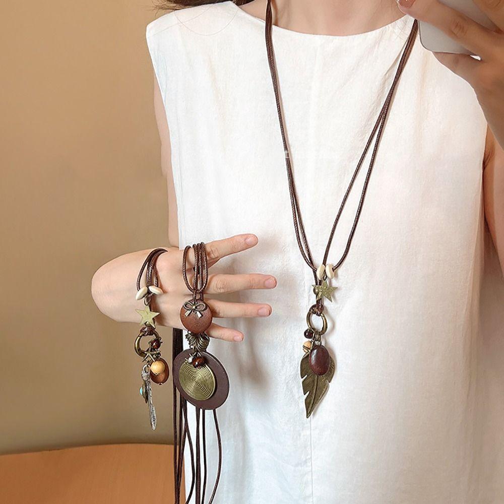 New Chinese Style Feather Leaf Pendant Necklace Vintage Sweater Chain Long Ropse Necklace Women