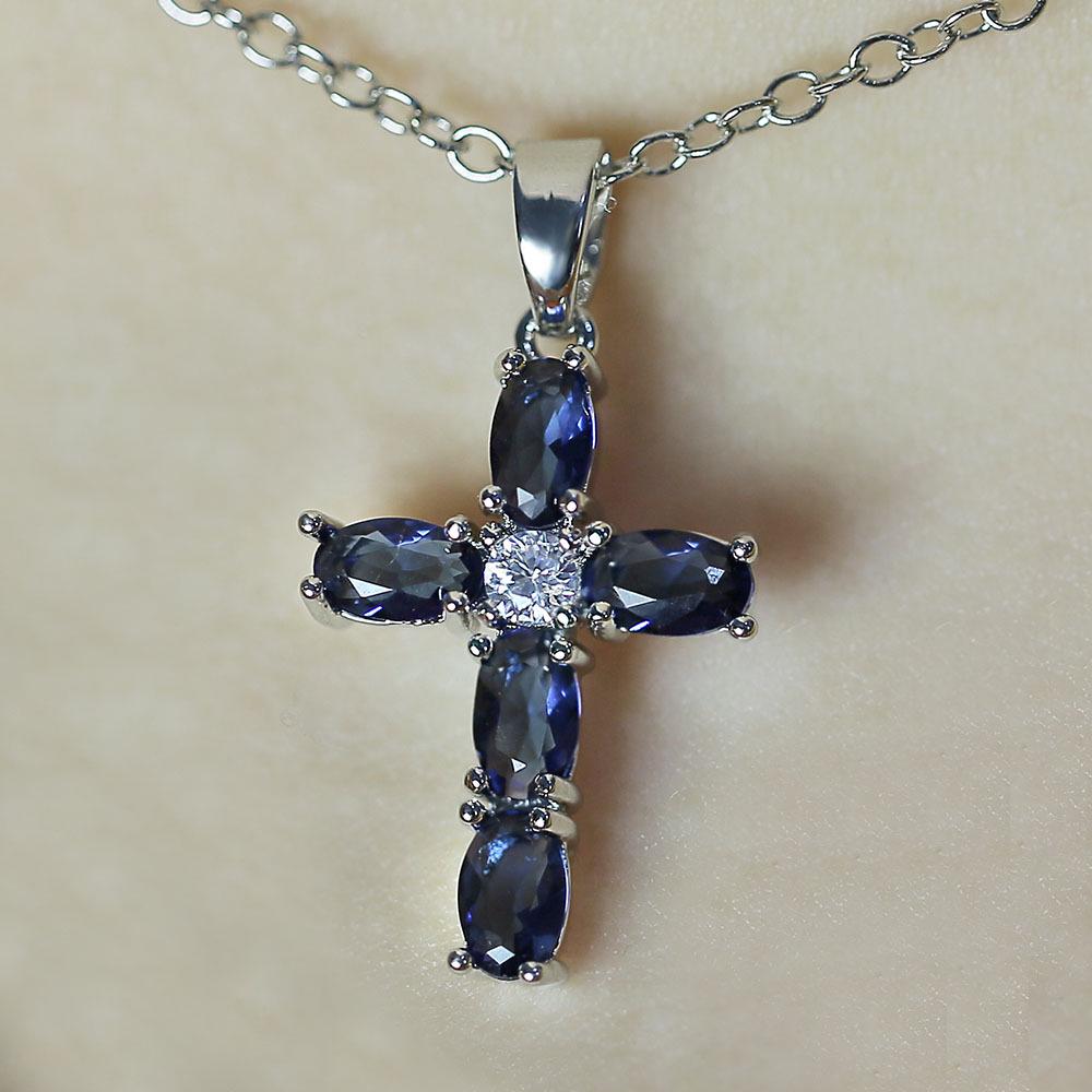 Stylish And Minimalist Cross Necklace Set With Blue Oval Zircon (With Chain)