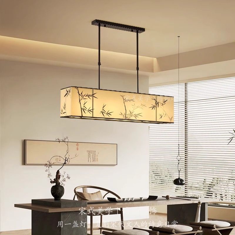 New Chinese Style Dining Room Pendant Light - Zen-Inspired Lamp for Tea Room, Dining Table & Bar Counter, Retro Long Strip Light