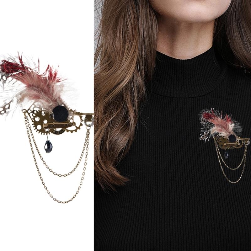 Steampunk Vintage Gear Brooch Chain Breastpin Gothic Lapel Pin Badges Jewelry for Women and Man Halloween Party Costume