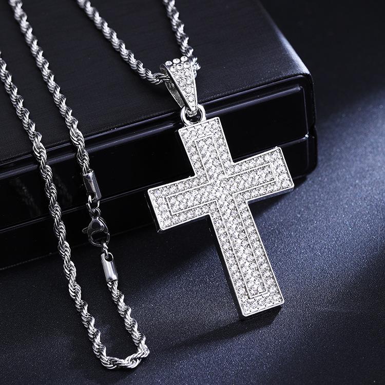 2026 Full Diamond Cross Pendant Necklace with 3.0 Titanium Steel Twisted Chain, European and American Long Style Sweater Necklace