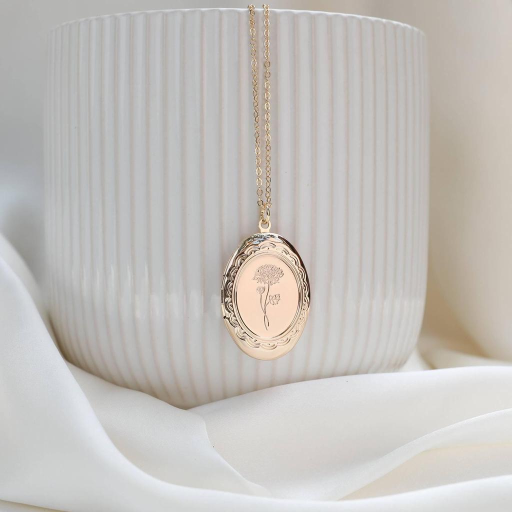 December Birth Flower Oval Necklace with Engravable Pendant and Photo Album Clavicle Chain