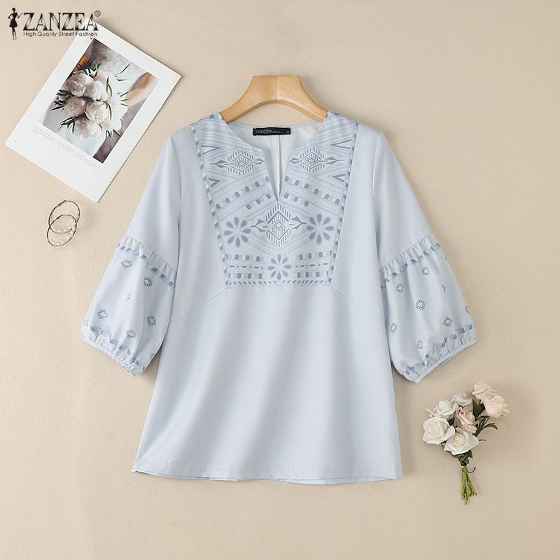ZANZEA Womens Casual V-Neck 3/4 Sleeve Loose Print Blouse