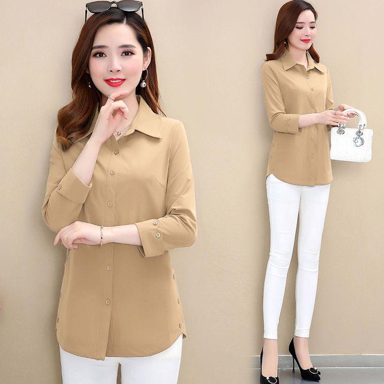 Frauen Frühling Herbst Neue Neun Viertel Sleeve Shirt Top Mama der Outwear Einfarbig Drehen Unten Kragen Bodenbildung Bluse m-5XL