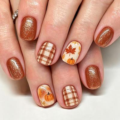 Autumn And Winter Wear Manicure Orange Brown Maple Leaf Short Glossy Square Manicure 24 Pieces Smudged Line Glitter Manicure