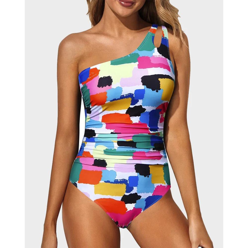 European and American New One-shoulder One-piece Tight Swimsuit for Women's Sexy Solid-color Halter Swimsuit