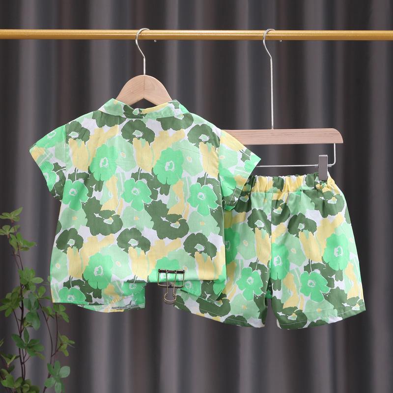 Children's Summer Full Print Leaf Flower Standing Neck Shirt Short Sleeve Set