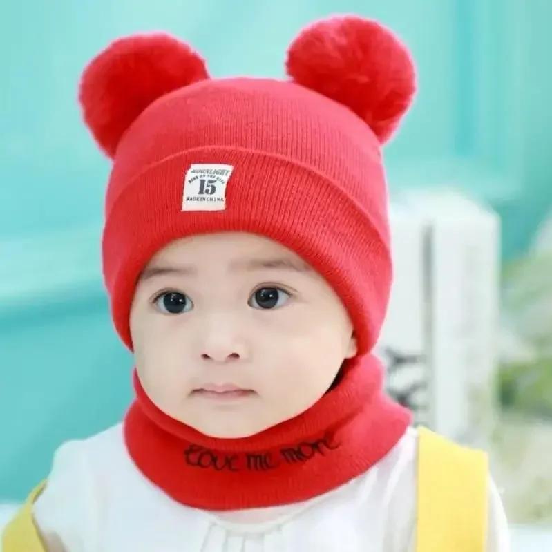 Gorros de malha para bebês quentes de inverno com cachecol, gorros de malha para crianças, cor sólida, chapéu infantil para crianças, meninos e meninas, acessórios
