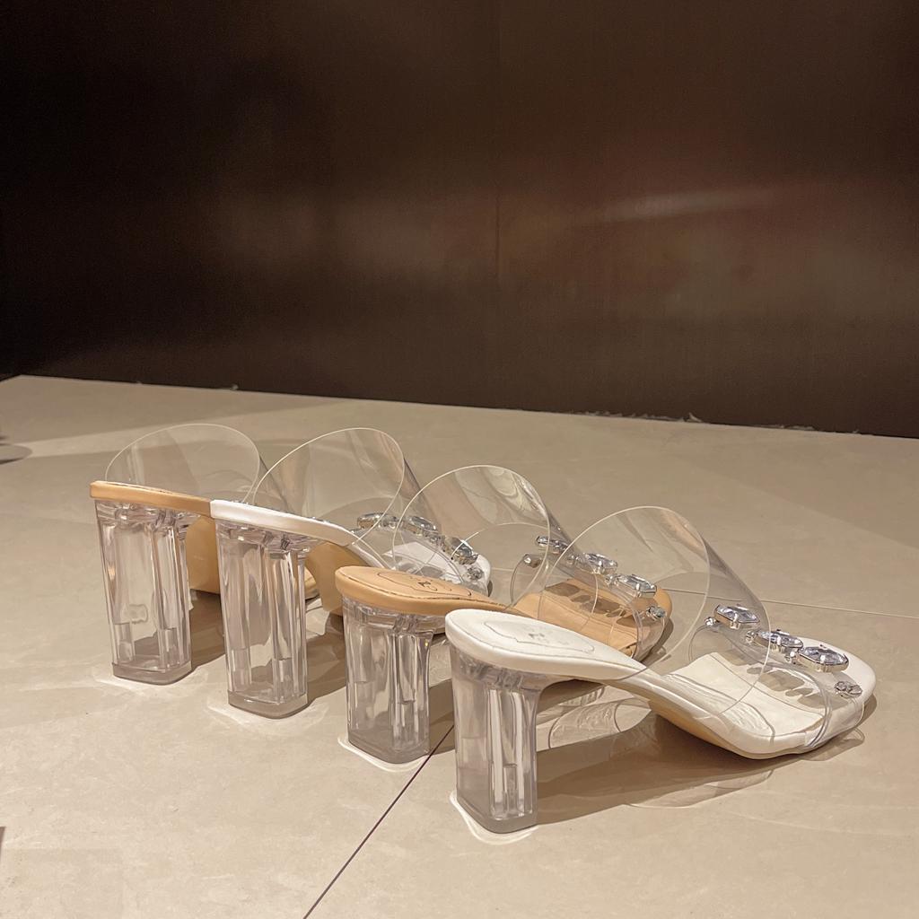 Aphixta Seksowne Przezroczyste Buty na Obcasie 5cm/7cm Kwadratowy Obcas Kapcie Damskie Diamentowe Dec Slajdy Na Zewnątrz Letnie Sandały Rozmiar 41 But