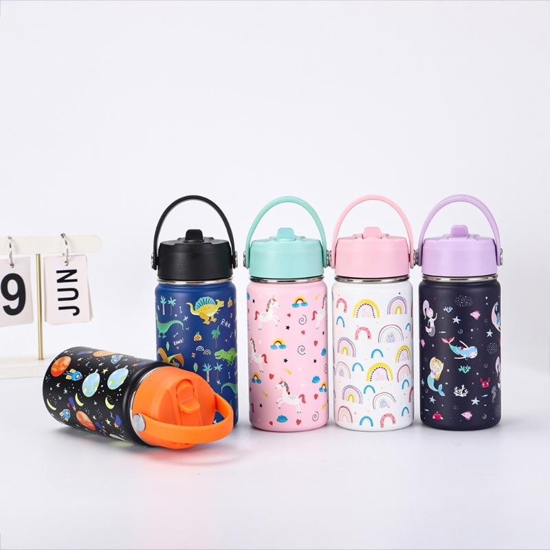 Wide Mouth Thermal Stainless Steel Water Cup Cartoon Handle Straw Tumblers Water Bottle for Outdoors