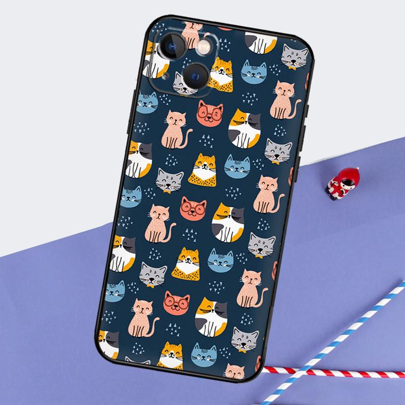 Cute Cat Pattern Kitten Phone Case For iPhone 16 Pro Max 11 12 13 14 15 Pro Max Mini XR 16 15 Plus 16e Cover Shell