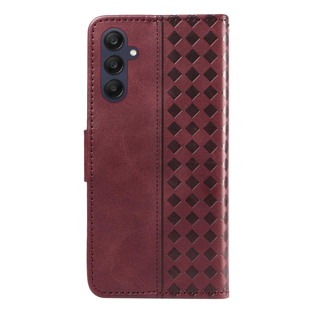 Pro Samsung Galaxy A25 5G (Globální) (161,0 x 76,5 x 8,3 mm) Kožené Pouzdro Peněženka Stojánek Mřížky Vytištěný Kryt na Telefon s Páskem - Vínově Červená